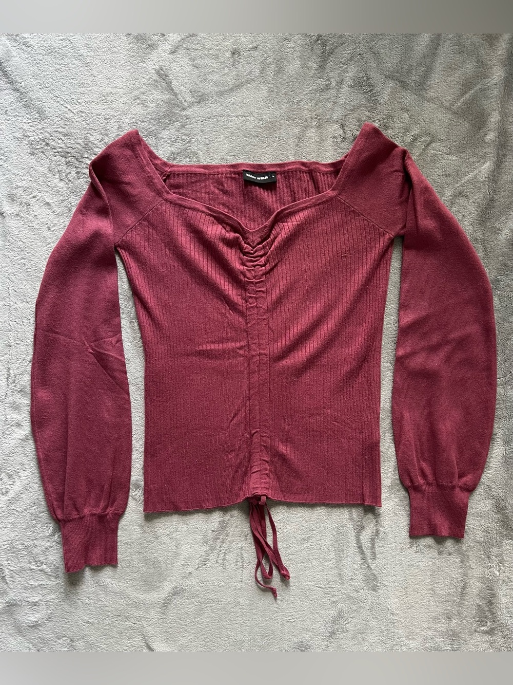 Burgundy Sweetheart Ruched Ribbed Long Sleeve Top M